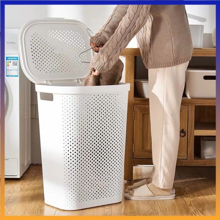 Large Plastic Laundry Basket With Cover Bedroom Bathroom Clothes ...