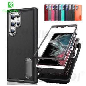 FLOVEME 3 in 1 Full Body Amor Shockproof Phone Case For Samsung Galaxy S23 S22 Ultra S23+ S22+ Plus Heavy Duty Anti-Scratch Rugged Protective Kickstand Back Cover For Samsung S23 S22