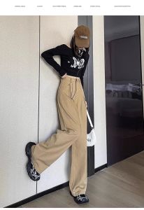 Women Mid Waist Casual Solid Baggy Pants - All Seasons Cotton Twill Full-Length Straight-Leg Silhouette Closure-9652