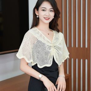 JUNOTERNEY Multicolor Knitted Shawl Breathable Short Tulle Shawl Cloak Thin Coat Women