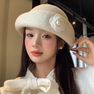 LITTLEX Ngọc trai Mũ cao Phong cách Hepburn hoa trà Mũ beret Vải len Mũ ngư dân Phụ nữ