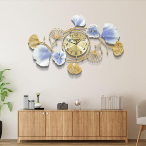 Walldecor Berkah Hiasan  Dinding Jam 100x50 Daun Emas Bunga Leaf Gingko Dekorasi Gantung Modern