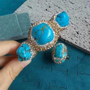Turkish Blue Turquoise Crystal Jewelry Set for Women Rhinestone Raw Shape Quartz Irregular Lucky Stone Bangle Rings Sets H260610
