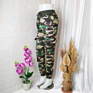 Celana Senam Jogger Cargo Loreng Army Wanita / Katun Stretch Premium Fit To XXXL / Celana Jogger Cargo Loreng Army.