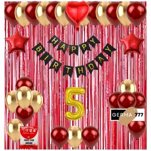 Set Dekorasi Backdrop Pesta Balon Ulang Tahun Anak Banner Happy Birthday Hitam Tirai Merah Simple