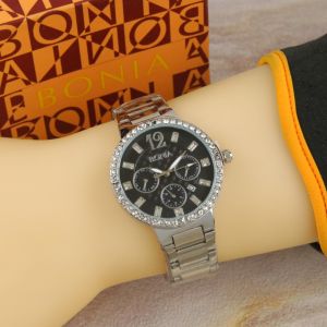 Box Exclusive Jam Tangan Bonia Bulat Permata VA-276DA / Jam Tangan Fashion Wanita Tali Rantai Diameter 36 cm
