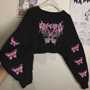 baju tangan panjang wanita oversize Sweater Crop bahan Fleece motif kupu kupu korean style