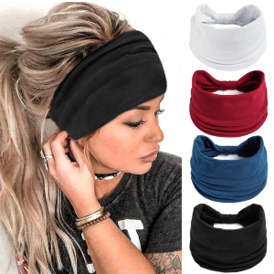 Wide Boho Headbands for Women Bandana Non Slip Knotted Hairbands Elastic Sport Workout Headwraps(4PCS)