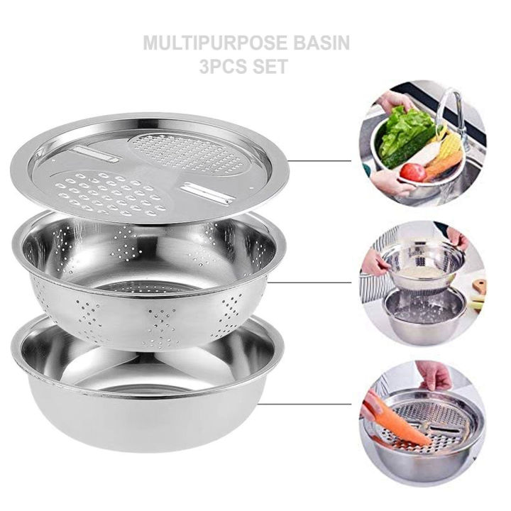3PCS/Set Multipurpose Stainless Steel Basin with Vegetable Cutter with  Drain Basket (SCR--TCH) Lazada PH