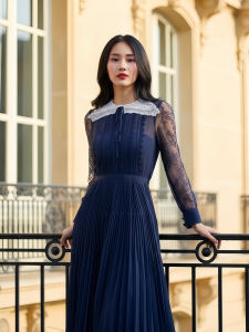 MG041-0922 : เดรสสีกรม Navy Blue chiffon pleated dress
