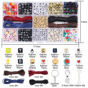 780pcs/Box DIY Jewerly Beads Kit Alphabet Letter Heart Beads Fruit Beads Charm Gold plated CCB Beads with Polyester Wax Cord Elastic String for DIY Bracelet Key Chain