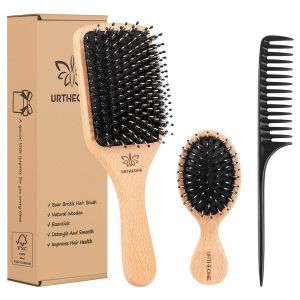 Boar Bristle Hair Brush and Comb Set for Women Men Kids Natural Wooden Paddle Hairbrush and Small Travel Styling Brush for Wet or Dry Hair Detangling Smoothing Massaging