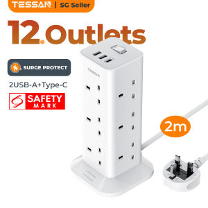 TESSAN Multifunctional 12-Outlet Surge Protector Tower with USB A/C & UK Plug 2m Cable - Grey