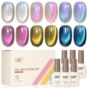 GAOY Cat Eye Gel Set 6 Colors Blue Silver Pink Holographic Glitter Gel with Magnet Soak Off UV Light  for Nail Art Aurora Reverie