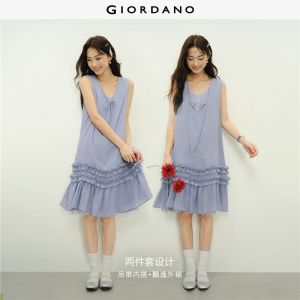 GIORDANO Women Dresses Two-Piece Set Lace Frill Trim Dresses Sleeveless Tie Neck Fashionable Casual Midi Drsses 18466821