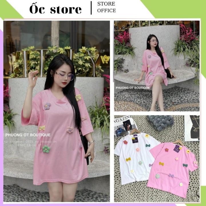 Áo thun nữ Đính Hoa Len Nổi kute, Áo phông Nữ Giấu Quần form rộng phối ...