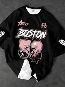T-shirt Kasual Lelaki Atasan Bergaya Boston 52 T-shirt Berleher Bulat dengan Corak Set untuk Pasangan T-shirt Gaya Jalanan Berwarna Putih dengan Corak Nombor Api yang Menonjol.