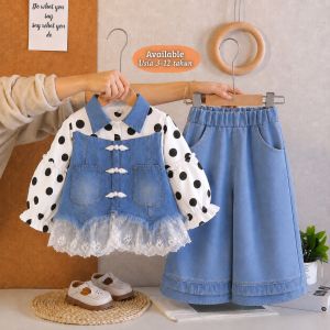 New Setelan Jeans Almahyra Anak Perempuan Usia 3-12 Tahun | Oneset Atasan Kemeja Shaqilla Polkadot Mix Rompi Jeans Kombinasi Renda Cantik Gaya Modis & Celana Jeans Panjang Skena Model Wide Leg Trendy