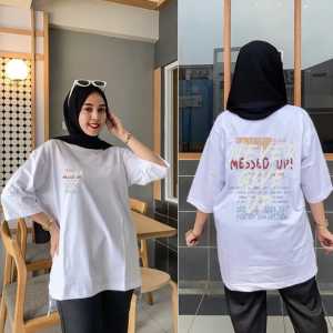 Atasan Oversize Lengan 7/8 Gambar Belakang Messed Up / Kaos Oversize Wanita Model Panjang Belakang / Atasan Wanita Ukuran L XL Dan XXL