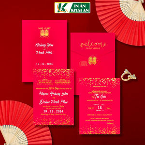 BTD102-315 - Thiệp cưới dạng đứng 12.6x17.6cm chất liệu giấy Đỏ Nhung 240gsm