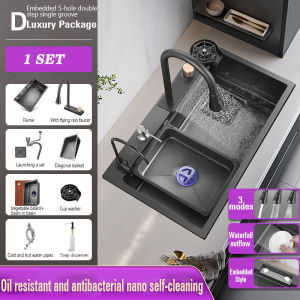 304 Stainless Steel Multifunctional Kitchen Waterfall Sink with Pull-out Faucet Large Single Bowl for Home