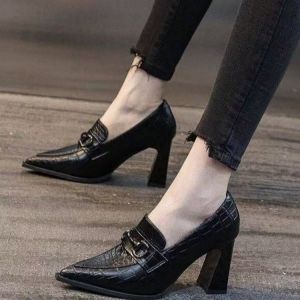 Free Shipping Pointed-Toe High Heels WomenS Black Work Shoes 2026 Autumn New Design Stylish For Outdoor Wear Professional Single Shoes Deep-Cut Chunky Heel