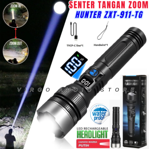 Senter Tangan Led Zoom + Powerbank Cahaya Super Terang Tahan 24 Jam 30 Watt Lumen Lensa Teleskop Zoom In-Out Hunter Zxt-911 Tg / Senter Tangan Bisa Di Zoom – Cod