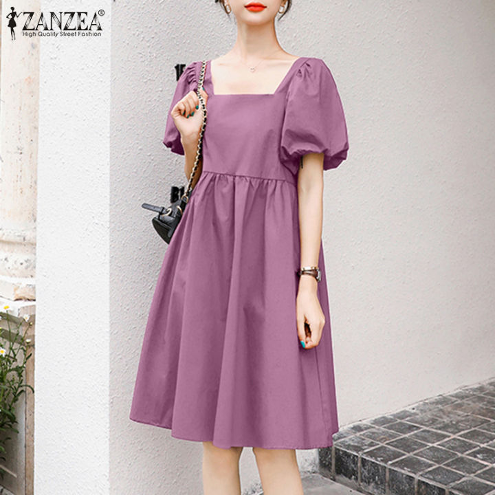 womens dress casual puff sleeve square neck plain korean fashion purple  dress for women