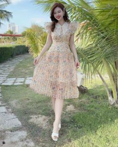 Đầm thời trang nữ QC mặc đi chơi chất voan hoa cao cấp dập ly phối cổ bèo tiểu thư tay ngắn cánh tiên