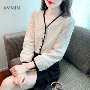 AMMIN เสื้อเบลาส์แขนยาวคอวีปะต่อสไตล์ฝรั่งเศสเสื้อเบลาส์แขนพองหวานหวานแนววินเทจปักลายดอกไม้แนววินเทจมีระบายเสื้อชีฟองหญิงสีสไตล์เกาหลีเรียบง่ายตัดกับฤดูใบไม้ร่วง2023