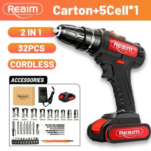 REAIM 98V Cordless Impact Drill Driver Set Double Speed Rechargeable Lithium Battery Power Drill with Bits and Tool Box.
