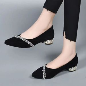 Free Shipping Low-Heeled Rhinestone-Embellished Pointed-Toe Women’S Shoes Suitable For Spring And Autumn Elegant With A Chunky Heel Shallow Opening And A Matte Finish In Black Ideal For Work