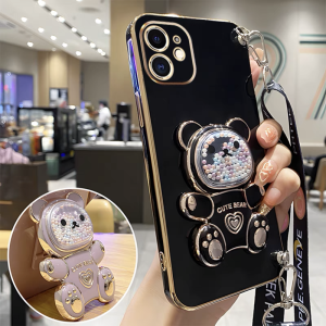 Phone Case Honor X9c X7c X6b Honor 200 Smart 5G Cute Colorful Beads Bear Phone Holder Electroplated Casing with Lanyard Lens Protection Shockproof Soft Cover 2024