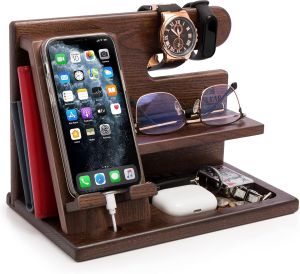 TESLYAR Wood Phone Docking Station for Men - Desktop or Nightstand Organizer - Birthday Gifts for Men Dad - Anniversary Idea from Wife - Key Holder Stand Wallet Watch & Essentials (Bourbon Brown)