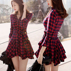 Cross-Border Foreign Trade Fashion European and American Style Womens Autumn and Winter Long Sleeve Button Cardigan Drawstring High Waist Red Black Plaid Short Dress ☺1130
