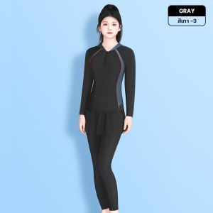 ชุดว่ายน้ำหญิง ชุดว่ายน้ำชิ้นเดียว ชุดว่ายน้ำแขนยาวขายาวมีกระโปรงคลุม ชุดว่ายนำ้ผู้ใหญ่ ชุดว่ายน้ำคนอวบ รุ่น T3902