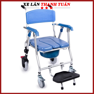 Xe lăn kết hợp ghế bô vệ sinh đa năng bánh lớn GBM-018 - Có đệm Bánh xe Chỗ gác chân [Xe lăn Thanh Tuấn]