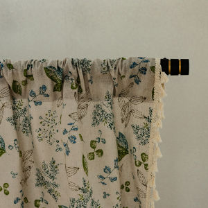 Rod Pocket Curtain Cute Green Leaf Flower Cotton Linen Japanese Style Korean Style Short Curtain Coffee Half Curtain Small Window Cabinet Curtain