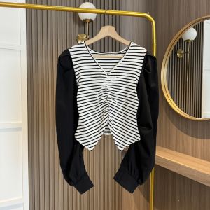 BL20933 Slit Puffy Sleeve Stripe Blouse