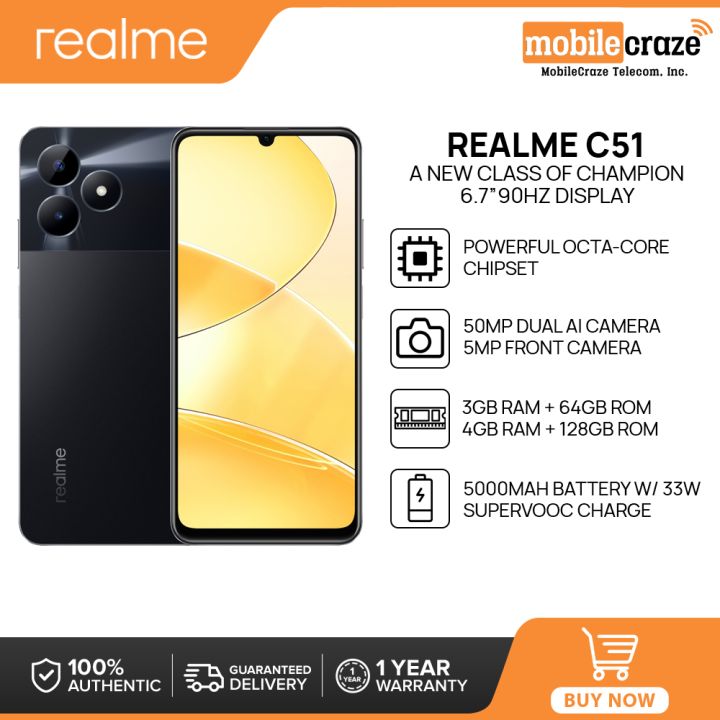 Realme C51 Smartphone, 3GB+64GB/4GB+128GB, Powerful Octa-core Chipset, 6.7” 90Hz Display, 50MP Dual AI Camera, 5000mAh Massive Battery w/ 33W  SuperVooc Charge