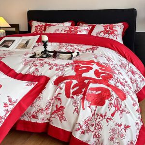 Bedding four-piece set simple embroidery pure cotton wedding four-piece set high-grade big red wedding dowry quilt cover bed sheet new wedding bedding four-piece set (bed sheet * 1 quilt cover * 1 pillowcase * 2)