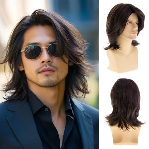 New mens wigs cross-border hot-selling European and American mens brown medium and long hair layered chemical fiber wig headgear