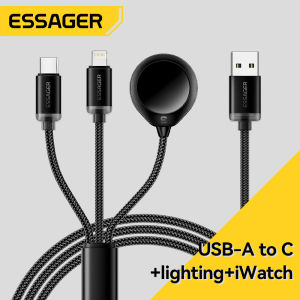Essager 3A 3 in 1 USB A Type C Lightning Cable iWatch Wireless Chargers Wire For iPhone16 15 Pro Max Samsung Xiaomi Huawei Mobile Phone iPad Tablet AirPods Headphones Data Cord Type-C+Lightning+ iWatch Wireless Chargers