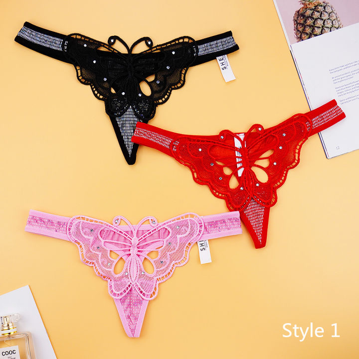 Cute Butterfly Embroidery Women Thongs Sexy Lace G String T Back Briefs  Adjustable Panties