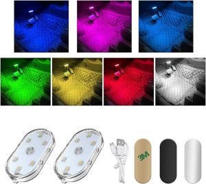 4 PCS Wireless Led Lights for Car Interior 7 Colors Magnetic Auto Ambient Light with 6 Bright LED Lamp Beads USB Rechargeable Vehicle Led Night Light Car Accessories (Colorful)