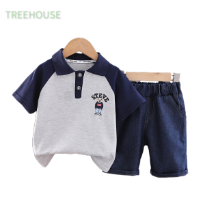 TREEHOUSE Kids Boy Clothes Set Cotton Bear Print Raglan Sleeve Polo Shirt Shorts Terno for Baby Boy High-quality Casual 2Pcs Outdoor Playwear 6M-5Y