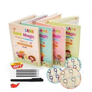 4 Books Sank Magic Practice Copybook of Childrens Reusable 3D Calligraphy Copybooks English Number Lettering Magic Practice Copybooks