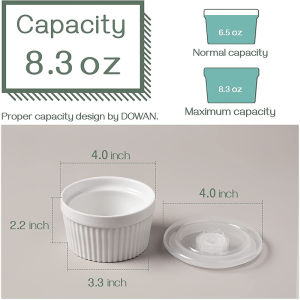 DAFIFY 6 Pcs 8 oz Ramekins Dessert Snack Bowls with Silicone Storage Lids Creme Brulee Dishes Custard Cups for Baking Oven Safe 10*5cm