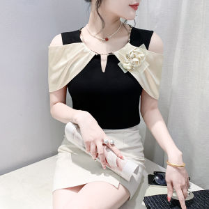 YIMEI Three dimensional lotus leaf short sleeved contrasting color womens T-shirt sweet 2024 new waist style off shoulder irregular top summer