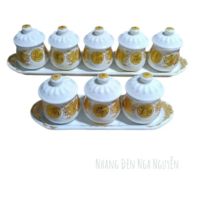 Bộ chung 3 ly5 ly thờ cúng cao cấp rồng vàng kim sa lớn có nắp